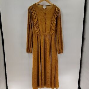 Hayden Midi Dress Size Medium Yellow Gold Ruffle Button Bodice Long Sleeve